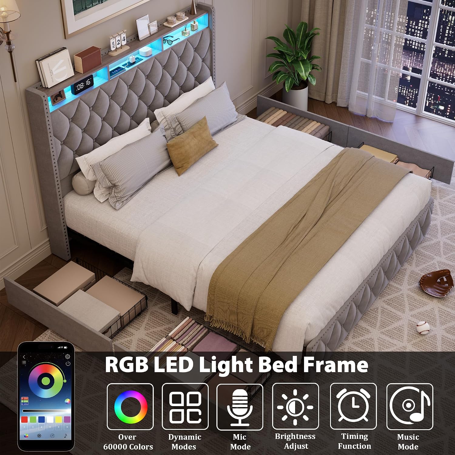 GarveeHome King Size Bed Frame with 50.8' Tall Headboard, Platform Velvet Upholstered Bed Frame with 4 Storage Drawers, USB Charging Station, Led Lights, No Box Spring Needed, Easy Assembly, Dark Grey