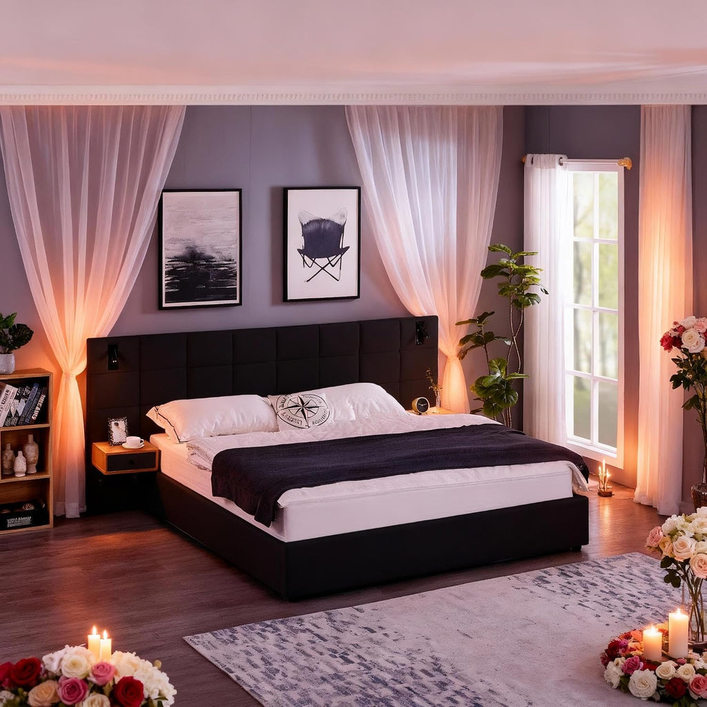 Luxury Velvet King Size Bed Frame with Hydraulic Lift and Storage, Built-in LED Lights, USB Charging Station & 2 Shelves, No Box Spring Needed Platform Bed (Black)