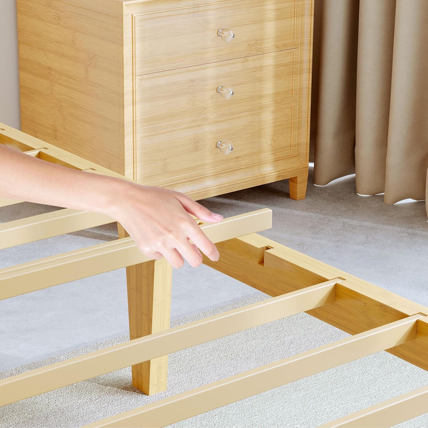 BOSRII 14in High Solid Bamboo Wood Platform Twin XL Bed Frame with Headboard, Reinforced Heavy Duty Metal Slats, Noise Free, No Box Spring Needed, Easy Assembly