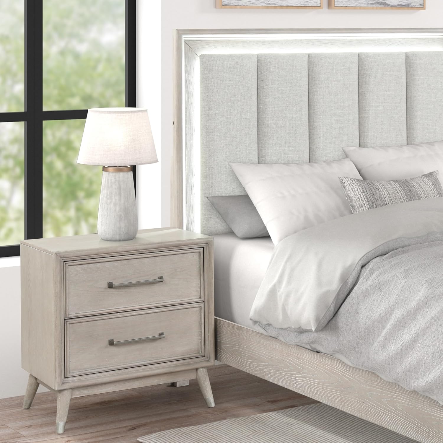 Roundhill Furniture Seluna 3-Piece Bedroom Set with Touch LED Lighting, Gray Oak Finish, King