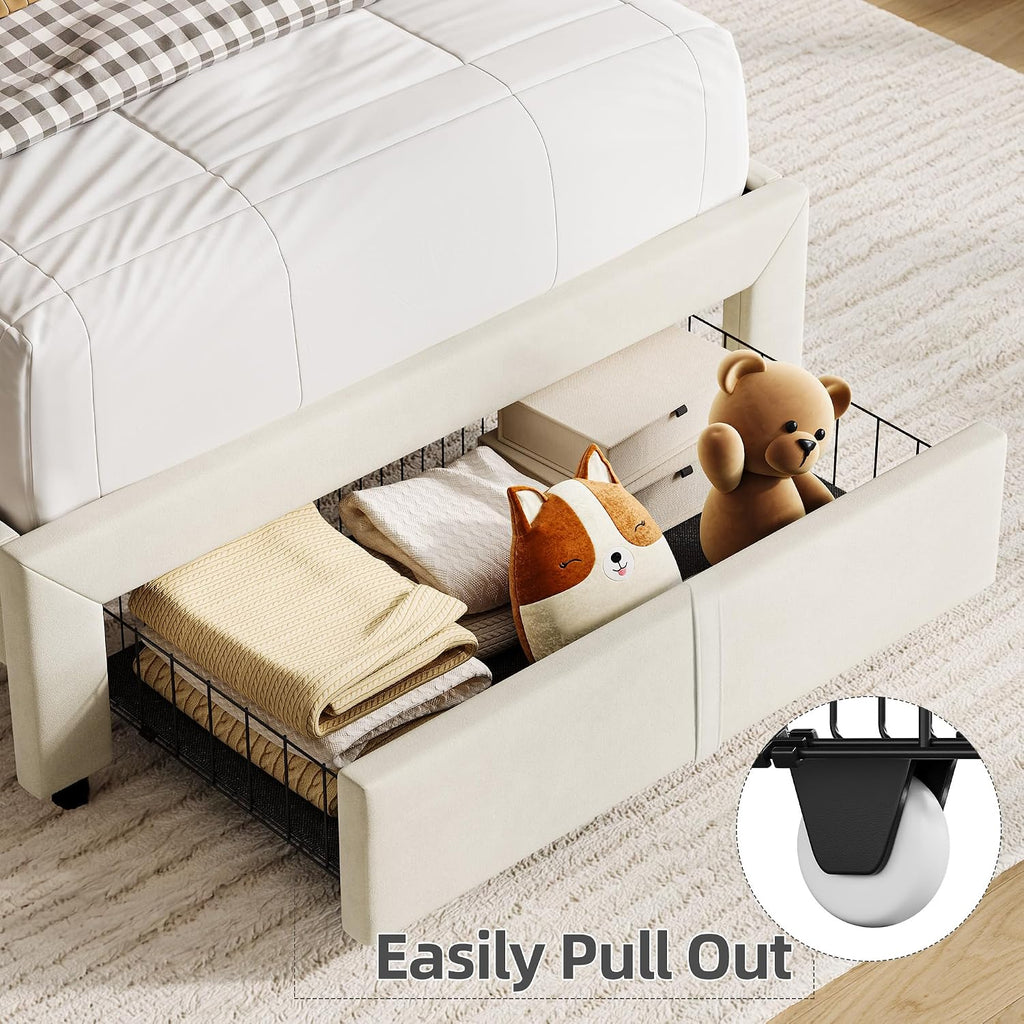 IDEALHOUSE Twin Bed Frame for Kids, Upholstered Platform Bed with Large Storage Drawer and Bookcase Headboard, Girls Boys Bed, Noise-Free, Easy Assembly, No Box Spring Needed, Cream White