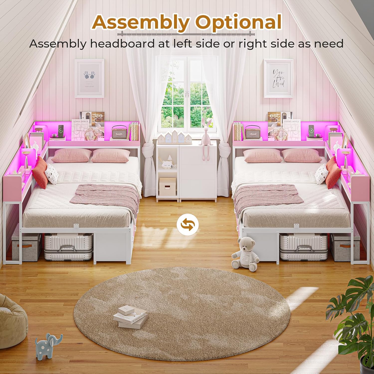 MSmask 14 Inch Corner Bed Frame with Bookcase Storage, Twin Daybed with 6 Drawers, Charging Station and LED Light, Twin Size Metal Platform Bed Frame for Kids Teenagers, Pink