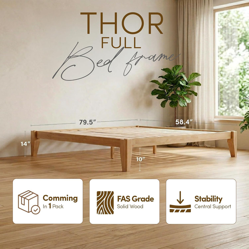 Thor Premium Solid Wood Bed Frame Full, Japanese Joinery Bed Frame with Wood Slat Support, Platform Bed, No Box Spring Needed, Easy Assembly, Minimalist & Modern Style (Light Brown)