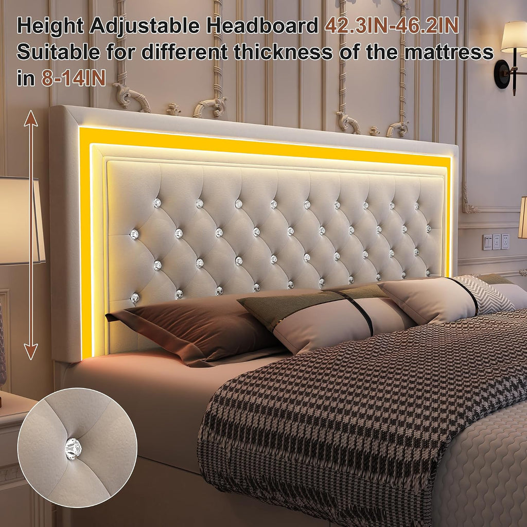 GEGOFORU King Led Bed Frame with 4 Storage Drawers, Bed Frame with Led Lights No Box Spring Needed, 900 lbs Capacity, Easy Assembly, Velvet Cream