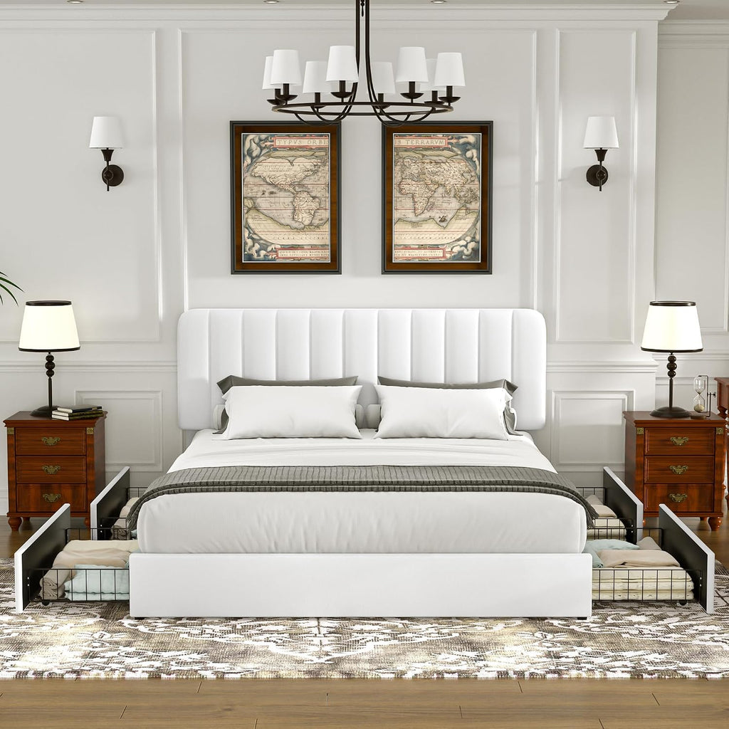 VECELO Full Size Upholstered Bed Frame with 4 Drawers and Headboard, Velvet Platform Storage Bedframe, Wooden Slats Support, No Box Spring Needed,White