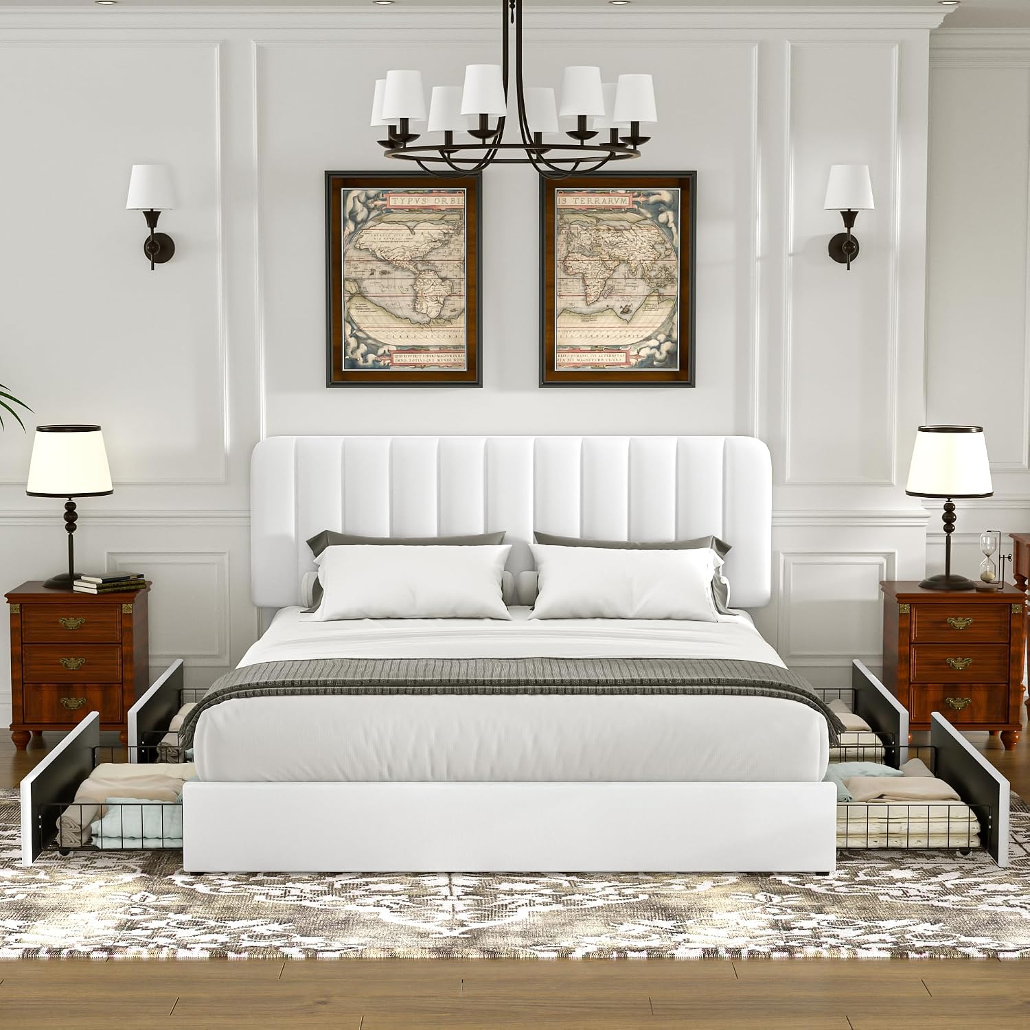 VECELO Queen Size Upholstered Bed Frame with 4 Drawers and Headboard, Velvet Platform Storage Bedframe, Wooden Slats Support, No Box Spring Needed,White