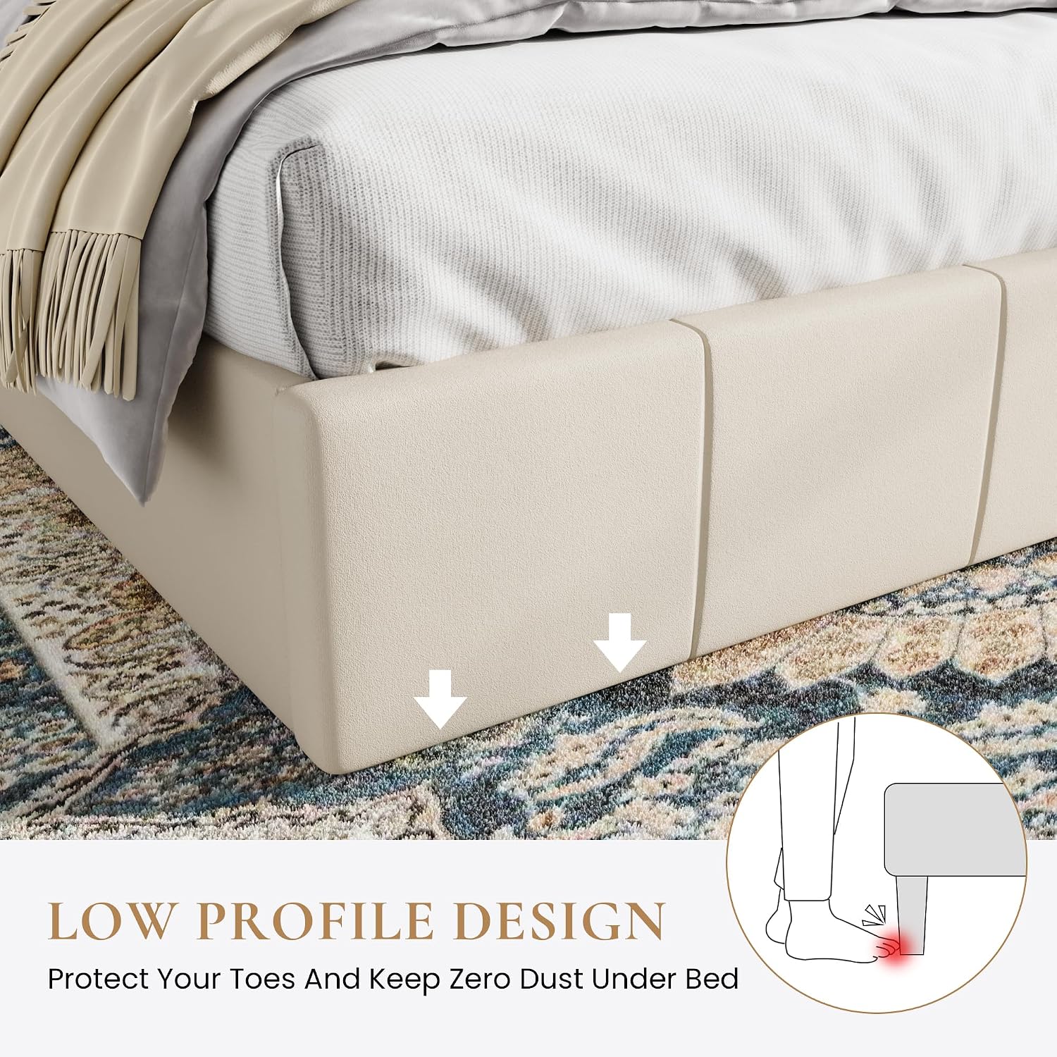 SHA CERLIN King Size Bed Frame, Dutch Velvet Upholstered Platform Bed, Vertical Channel Tufted Adjustable Headboard, Low Profile Bed Frame, No Box Spring Needed, Easy Assembly, Cream