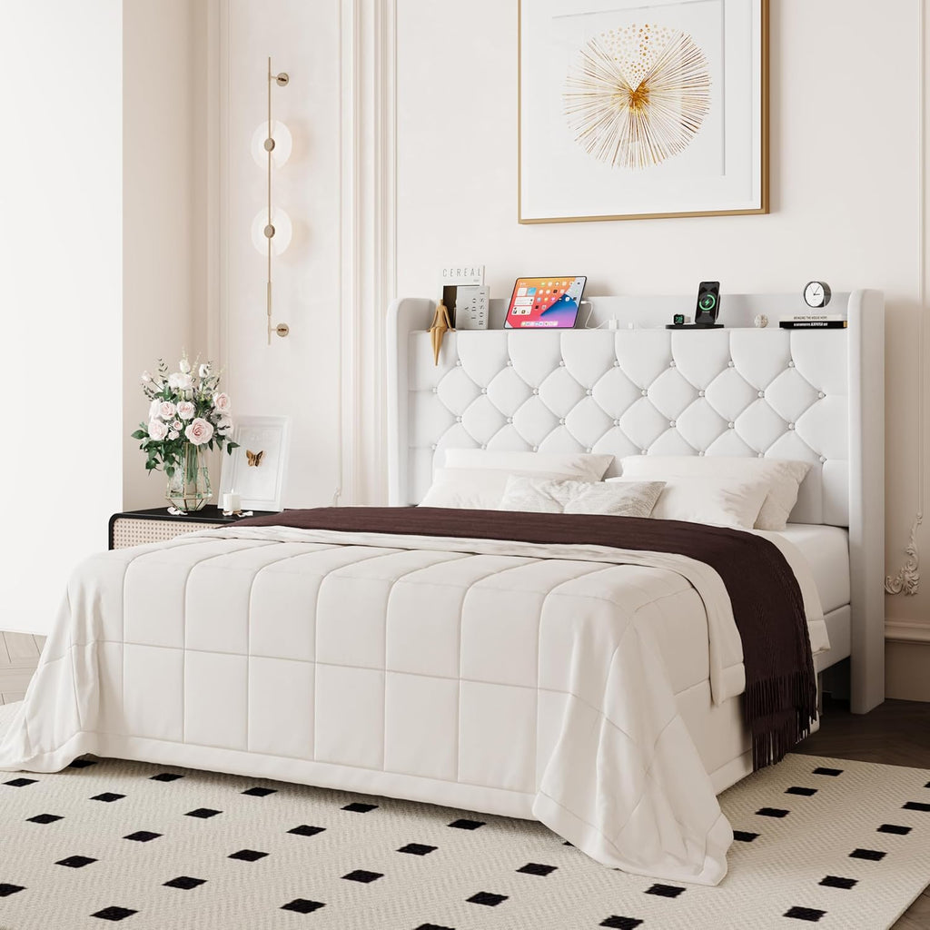 Allewie Full Size Bed Frame, Storage Headboard with Charging Station, Wingback Velvet Upholstered, Diamond Stitched Button Tufted, Sturdy Wooden Slats, No Box Spring Needed, Easy Assembly, White