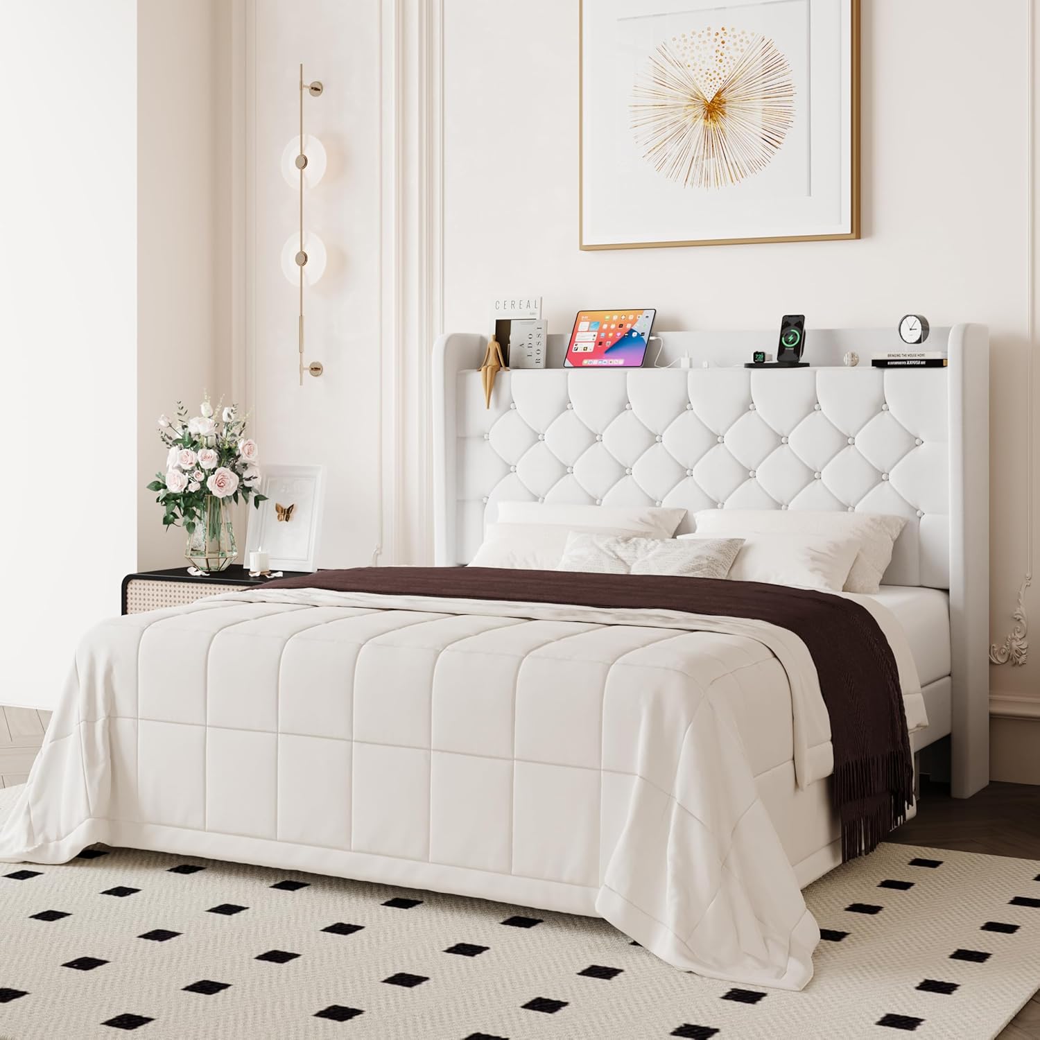 Allewie Full Size Bed Frame, Storage Headboard with Charging Station, Wingback Velvet Upholstered, Diamond Stitched Button Tufted, Sturdy Wooden Slats, No Box Spring Needed, Easy Assembly, White