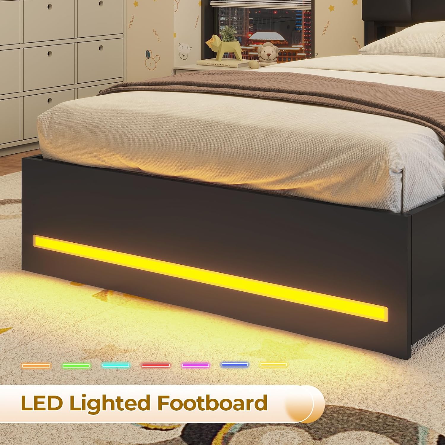 VIAGDO Twin Bed Frames with Bookcase Headboard, Wooden Bed Frame Twin Size with Charging Station, 4 Storage Drawers and LED Lights, LED Bed Frame with Type-C and USB, No Box Spring Needed, Black