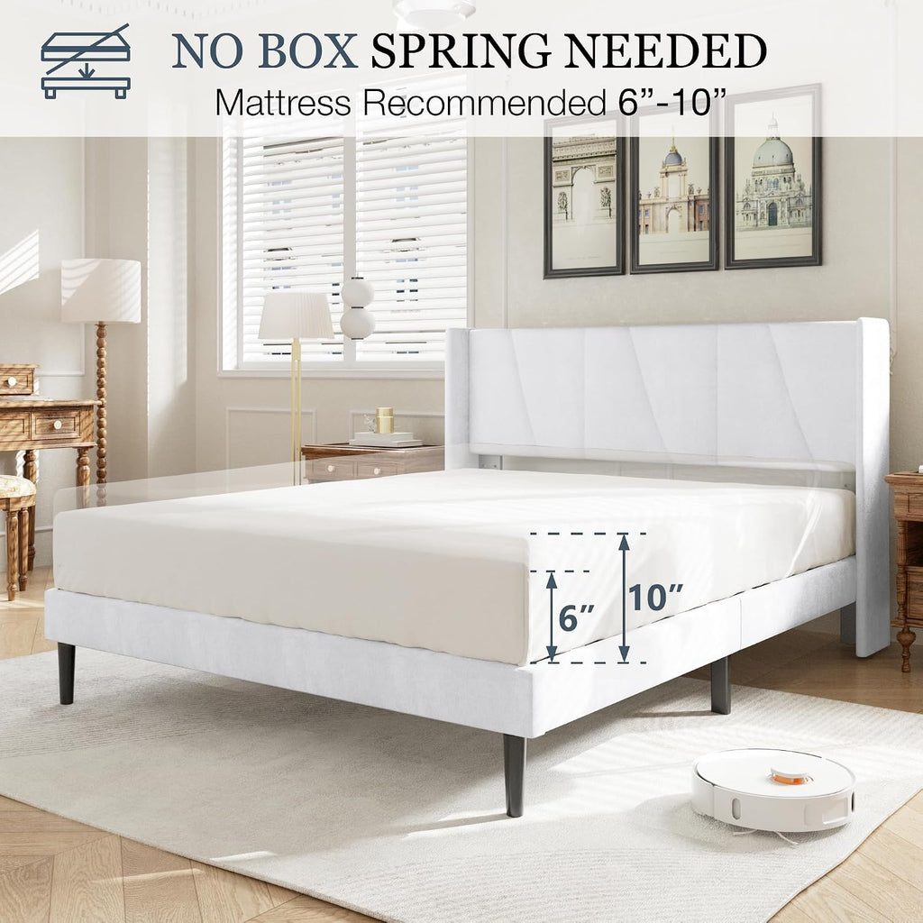 HAOARA Queen Bed Frame with Headboard, Velvet Upholstered Platform Bed Frames with Wingboard, Contemporary Mattress Foundation, Noise Free, No Box Spring Needed, Easy Assembly, White