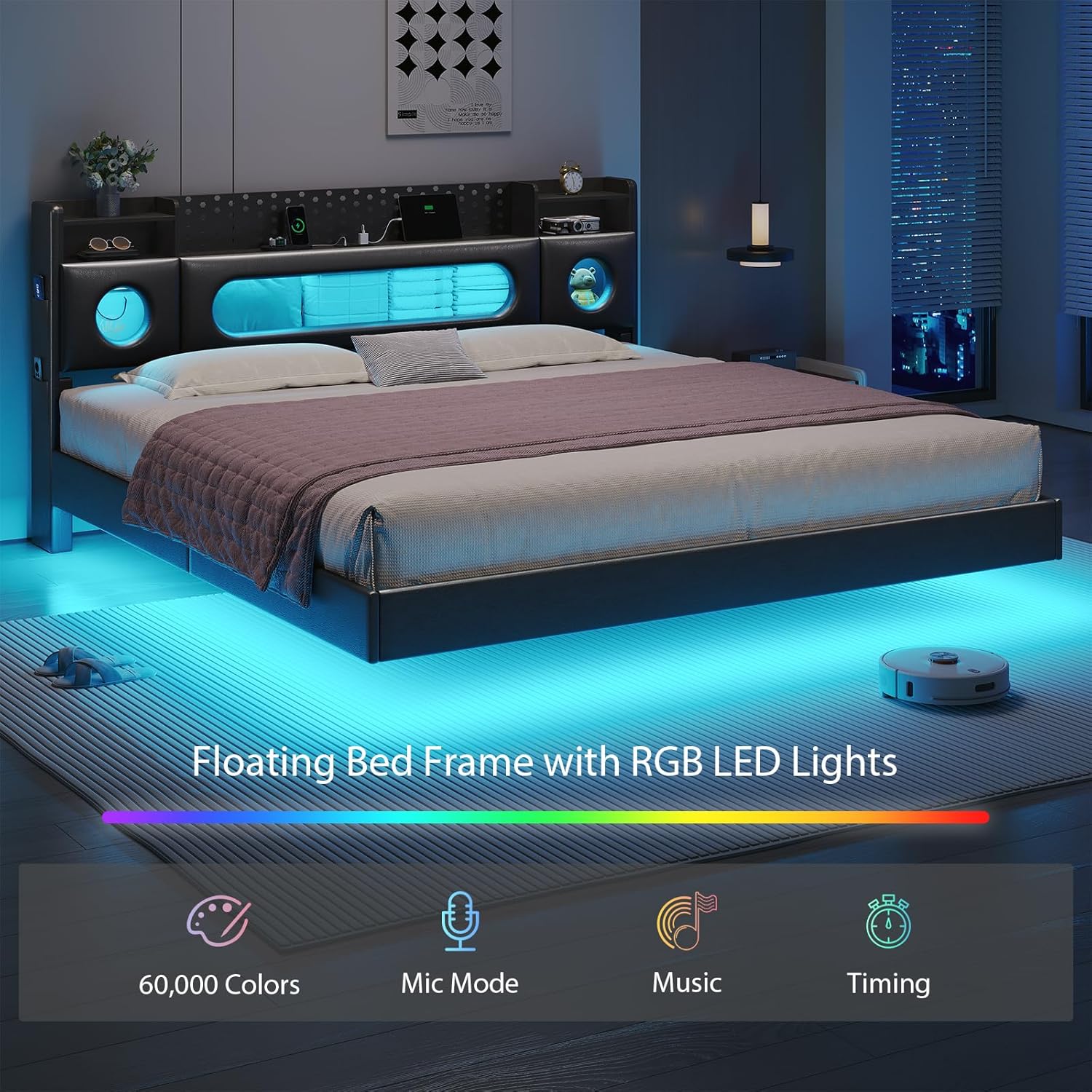 King Size Bed Frame with Storage Headboard, Floating Bed Frame King with Storage & Charging Station, King Size Bed with LED Lights,Platform Bed No Box Spring Needed, Noise-Free, Easy Assembly,PU Black