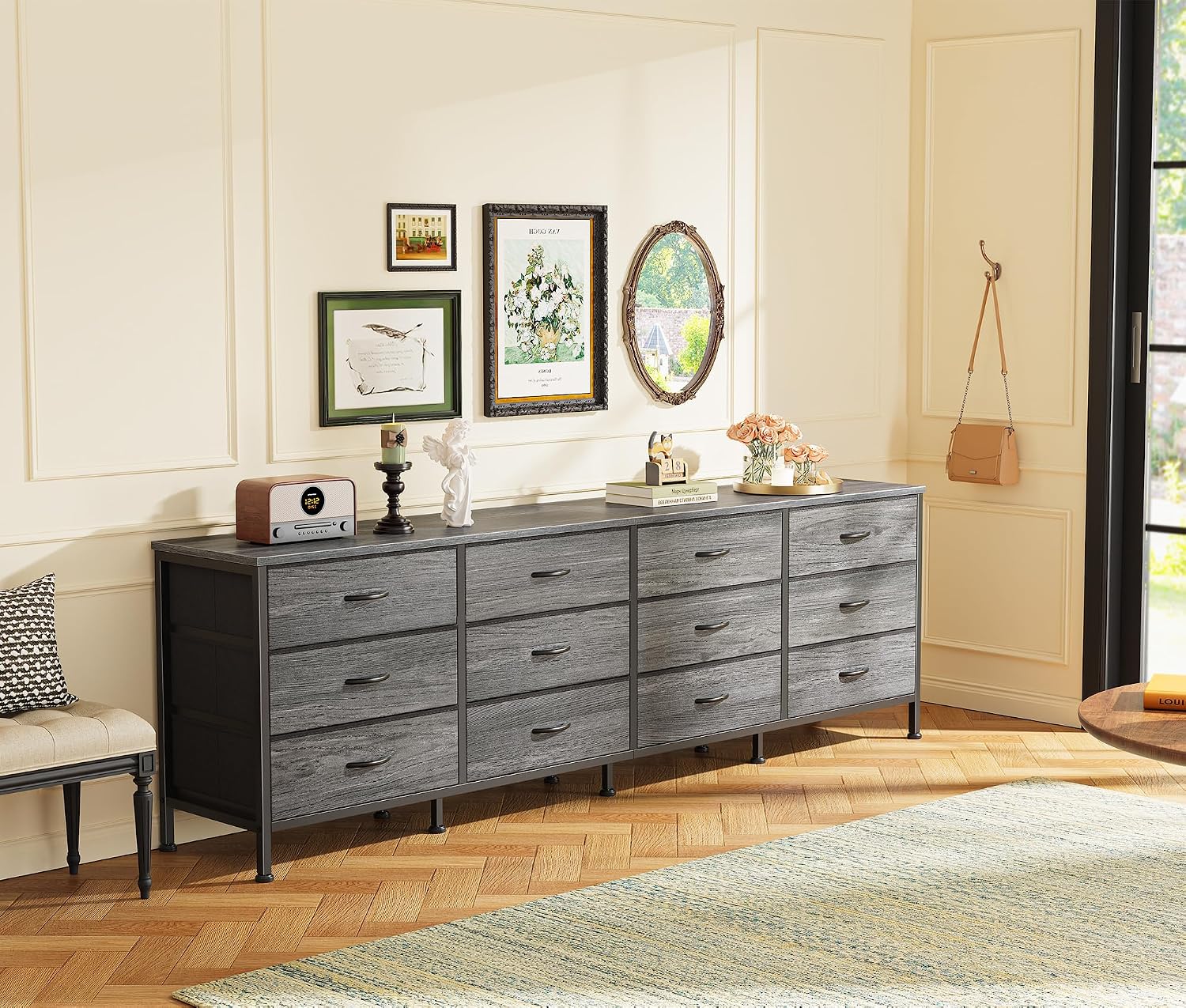 Huuger 70 Inch Dresser for Bedroom, TV Stand for 65, 75, 80 Inch TV, 12 Fabric Drawer Long Dresser, Large Storage Organizer Unit, Wide Chest of Drawer with Storage, for Living Room, Grey