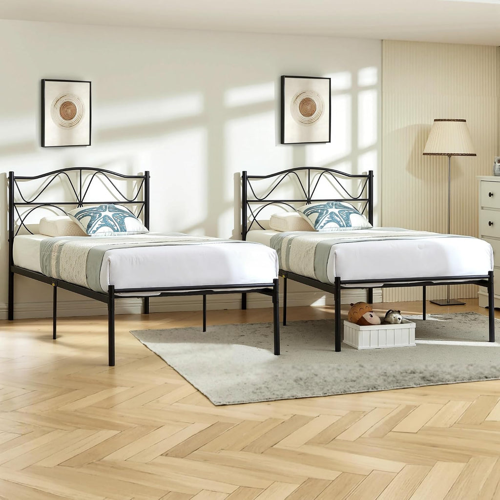 VECELO 2 Set Twin Size Bed Frame, Metal Bed Platform with Headboard, Sturdy Steel Slats Support, No Box Spring Needed/Noise-Free,Easy Assembly, Black