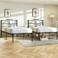 VECELO 2 Set Twin Size Bed Frame, Metal Bed Platform with Headboard, Sturdy Steel Slats Support, No Box Spring Needed/Noise-Free,Easy Assembly, Black