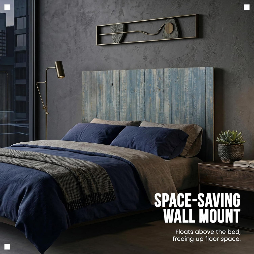Barn Walls Solid Wood Queen Headboard, Wall Mounted Floating Fluted Headboard for Queen Bed Size, Farmhouse Rustic Mid Century Style, Low Profile Mount, Blue Powderwash, 64.5' L x 2' W x 36' H