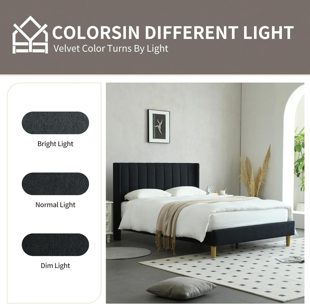YUHUASHI upholstered Platform Bed Frame/King Bed Frame/Modern Geometric Double-Wing Design headboard/Linen Fabric/Easy to Assemble no Noise (Black, King (U.S. Standard))