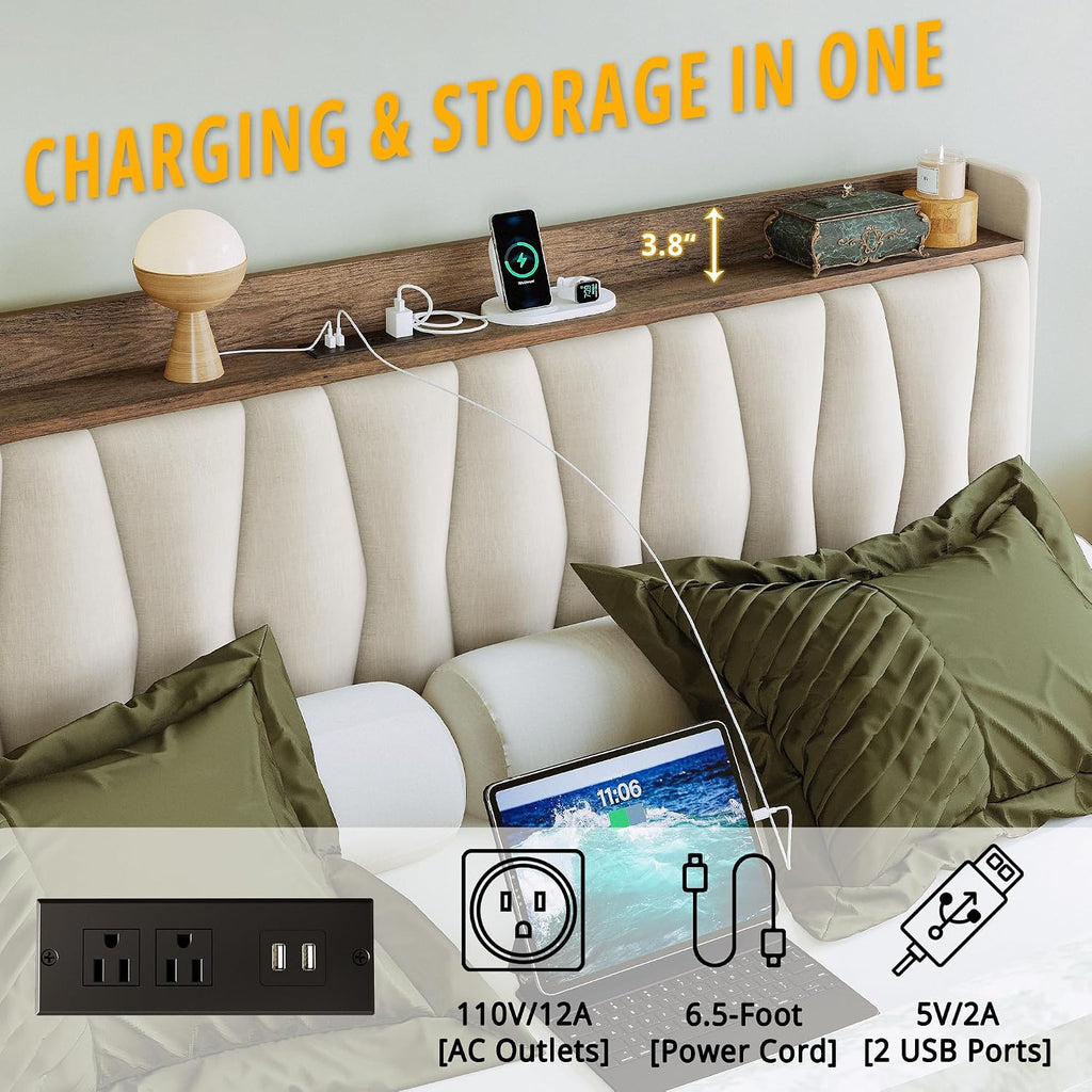 ANCTOR Full Size Bed Frame with 3 Drawers, Upholstered Platform Bed with Storage Headboard and Charging Station, No Box Spring Needed, Easy Assembly, Beige