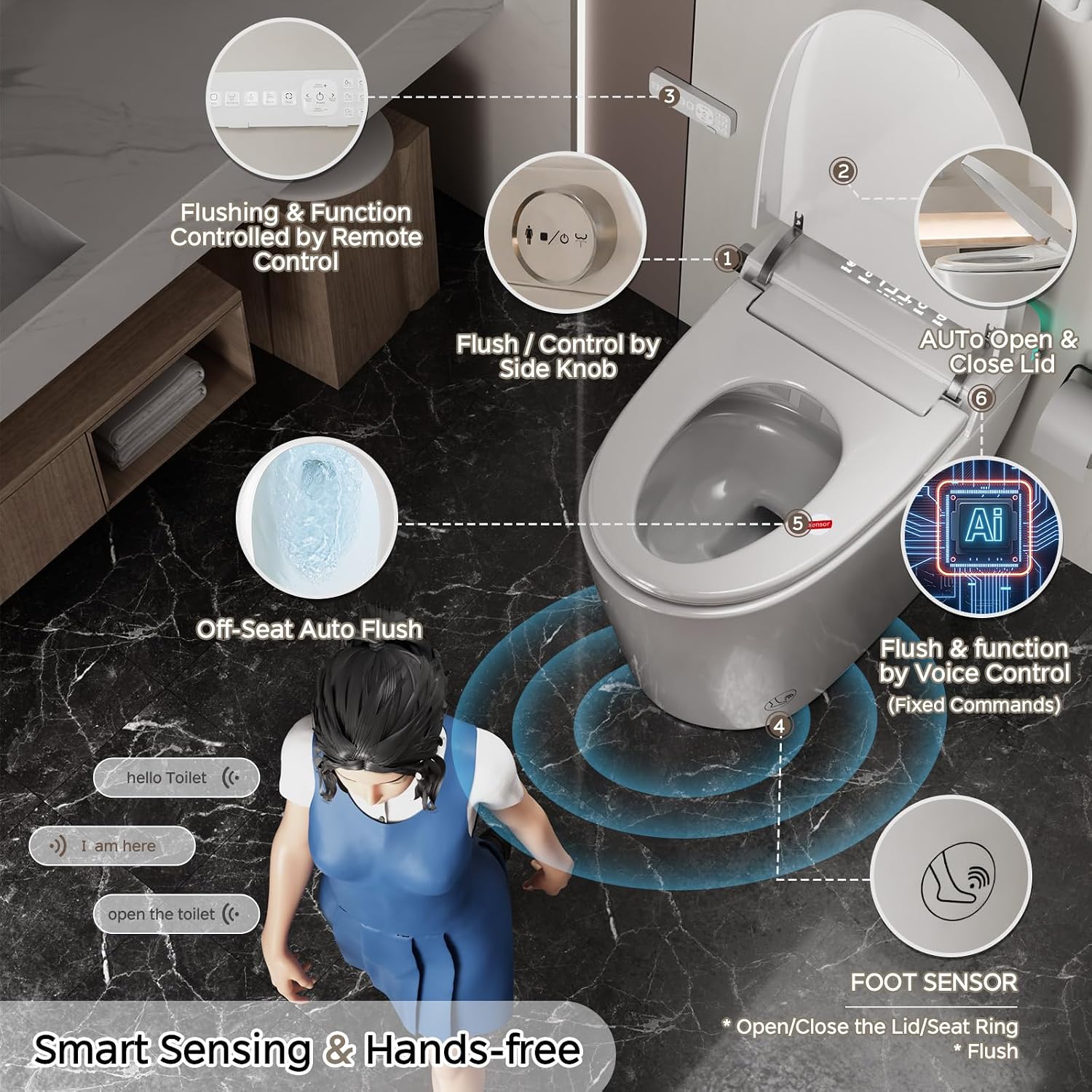 Smart Toilet with Bidet Built In, ADA Comfort Height, One Piece Elongated Toilet with Tank Built in, Pump, Auto Open Close Quiet Flush, Foam Shield, Voice Control Heated Seat,Instant Warm Water