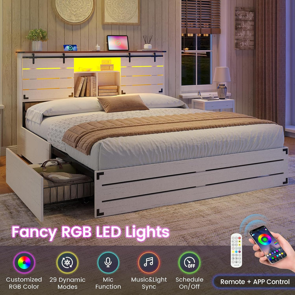 VIAGDO Wooden Bed Frame Full Size with Bookcase Headboard and Sliding Barn Door, Farmhouse Bed Frame Full Size with Charging Station, LED Lights and 4 Storage Drawers, No Box Spring Needed, White
