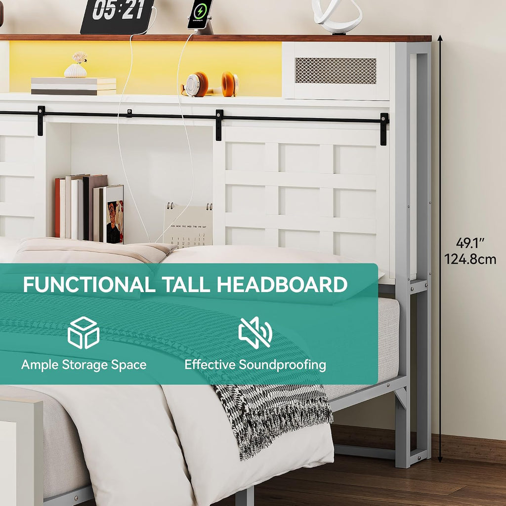 YITAHOME King Size Bed Frame Farmhouse with 49.14' Tall Storage Headboard, Charging Station & Led Light, Sliding Barn Door, Wooden Platform Bed Frame, Metal Slats Support, No Box Spring Needed, White