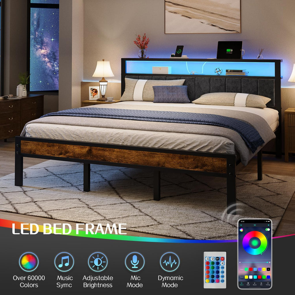 Liians King Size Platform Bed Frame with LED Lights, Grey Upholstered Headboard with 2-Tier Storage Shelves, Charging Station, Noise Free, No Box Spring Needed, Easy Assemably