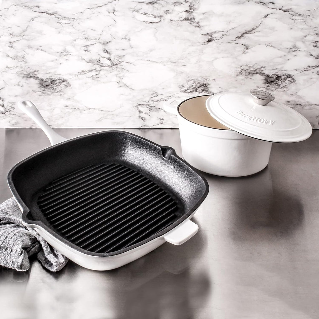 BergHOFF 3Pc Neo Enameled Cast Iron Cookware Set, 3qt. Dutch Oven, Matching Lid, Square Grill Pan 11 Inches, Oven Safe Up To 400°F, White