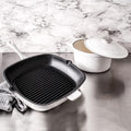 BergHOFF 3Pc Neo Enameled Cast Iron Cookware Set, 3qt. Dutch Oven, Matching Lid, Square Grill Pan 11 Inches, Oven Safe Up To 400°F, White