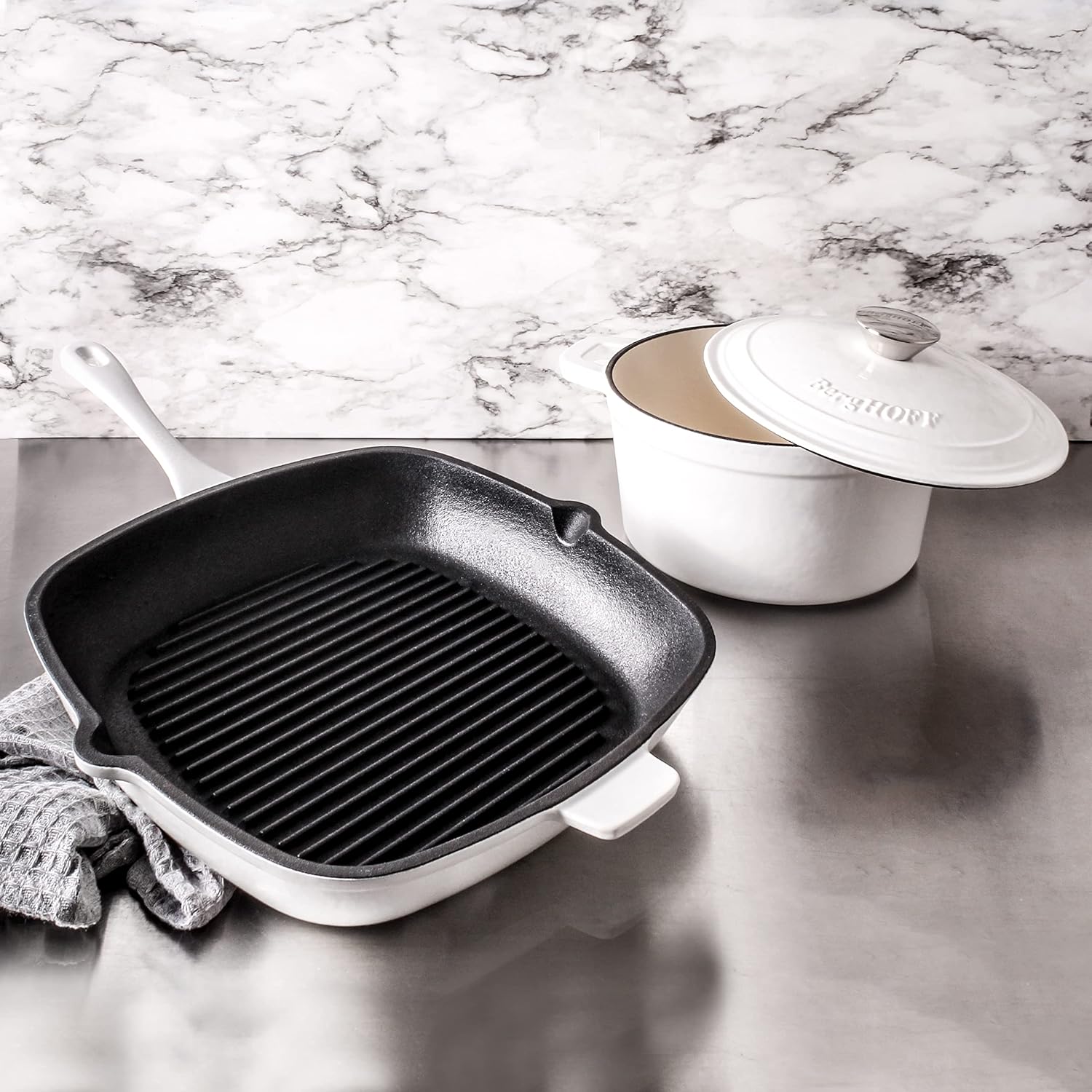 BergHOFF 3Pc Neo Enameled Cast Iron Cookware Set, 3qt. Dutch Oven, Matching Lid, Square Grill Pan 11 Inches, Oven Safe Up To 400°F, White