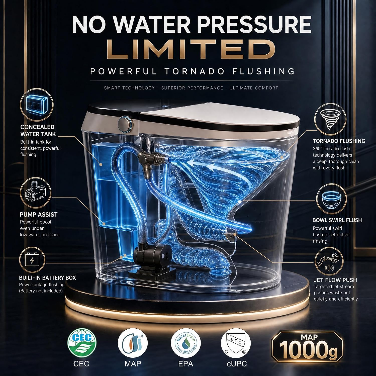18' Tall Smart Toilet with Bidet Built in,Elongated,Tank Built in,LED Display,Auto Open Close,1000g MaP Flush,Warm Water Sprayer,Dryer,Foot Sensor,Heated Seat & Foam Dispenser