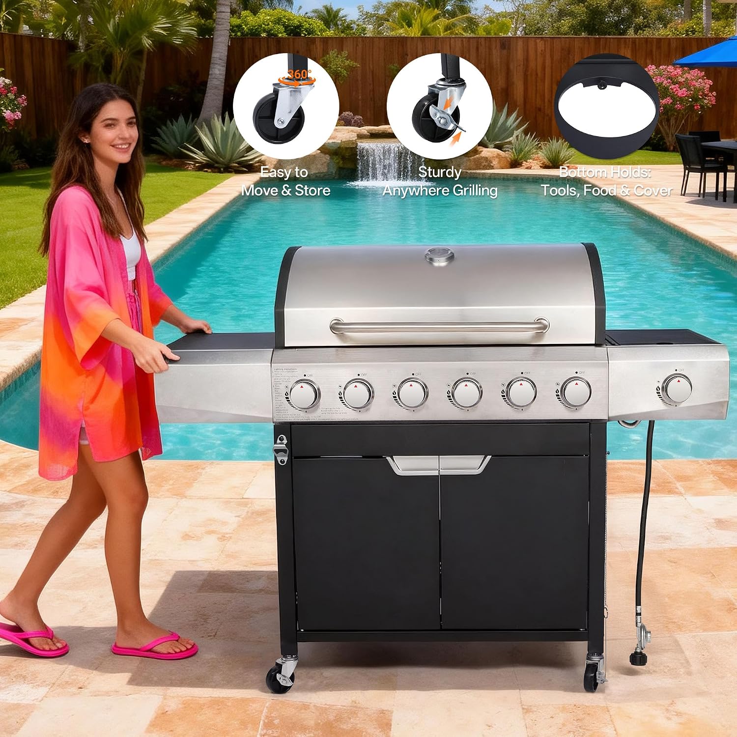 Endark 6-Burner 68,500 BTU Stainless Steel Outdoor Propane Gas Grill with Side Burner & Porcelain Grates | Wheeled BBQ Grill for Patio, Garden, Backyard