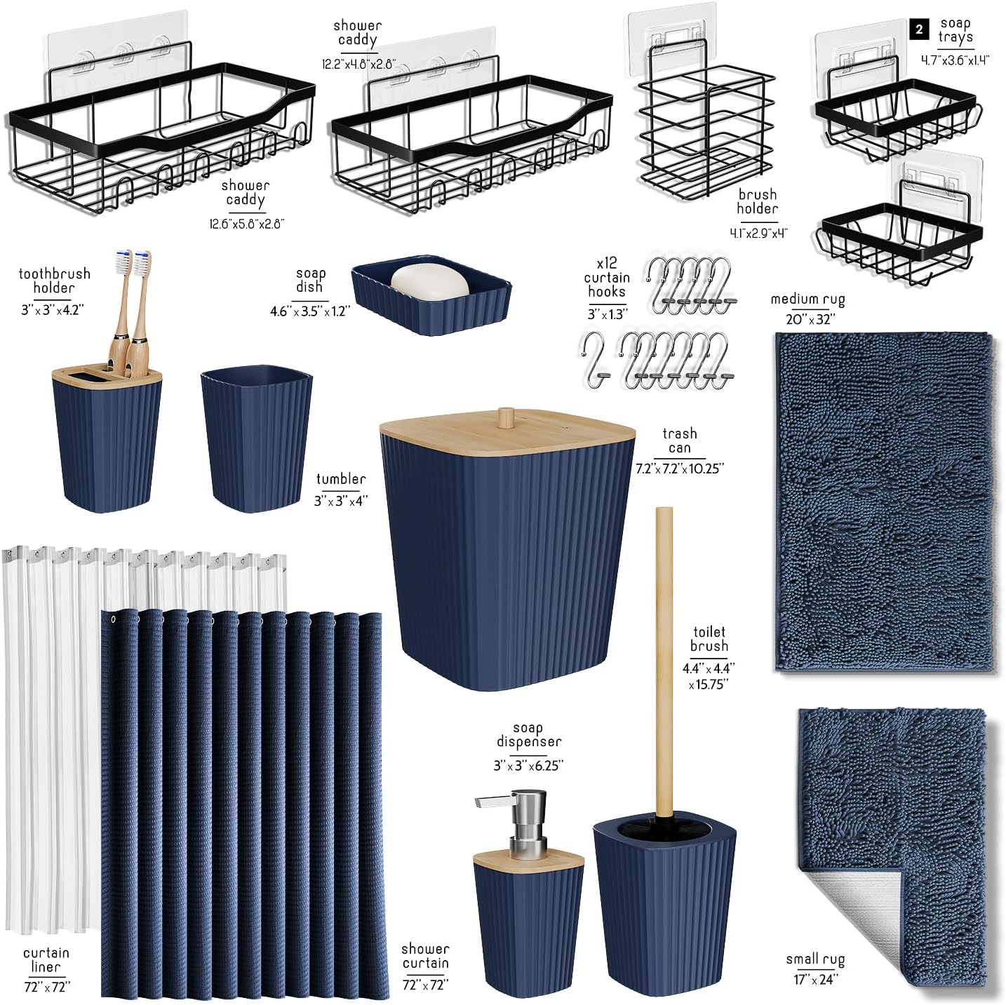 Hearth & Harbor Bathroom Accessories Set - Bathroom Set, 20PC Bathroom Accessory Set, Shower Curtain Set, Toilet Brush, Trash Can & Soap Dispenser (Navy Blue, Complete 27-Piece Set)