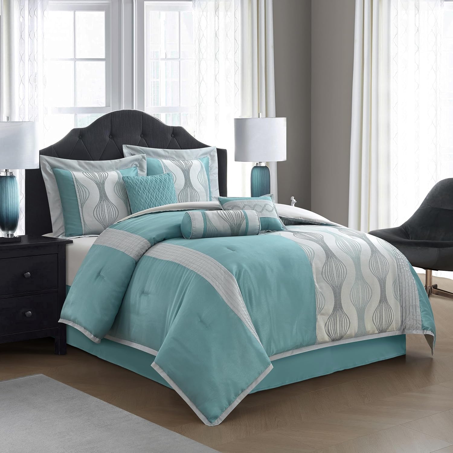 Grand Avenue 7 Piece Blue Comforter Set, King Size Jacquard Bedding Set, All Season Geometric Patchwork Bedding Set, Matching Pillows, Shams, Bed Skirt