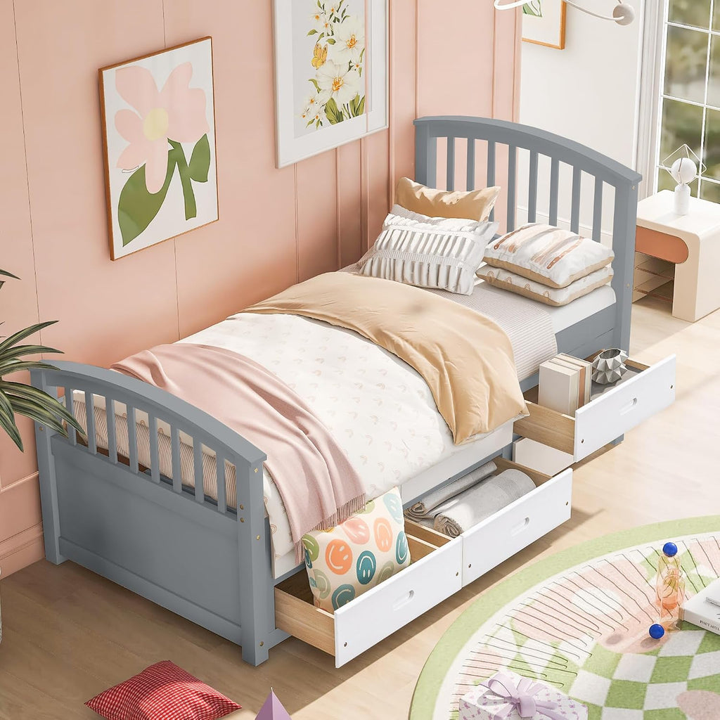 Merax Twin Size Platform Storage Bed Solid Wood Bed with 6 Drawers, Grey+ White