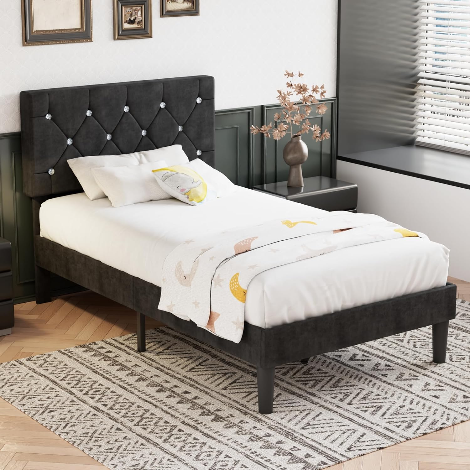 VECELO Twin Size Bed Frame, Upholstered Platform with Adjustable Diamond Tufted Headboard, Wood Slat Support, No Box Spring Needed, Velvet & Black