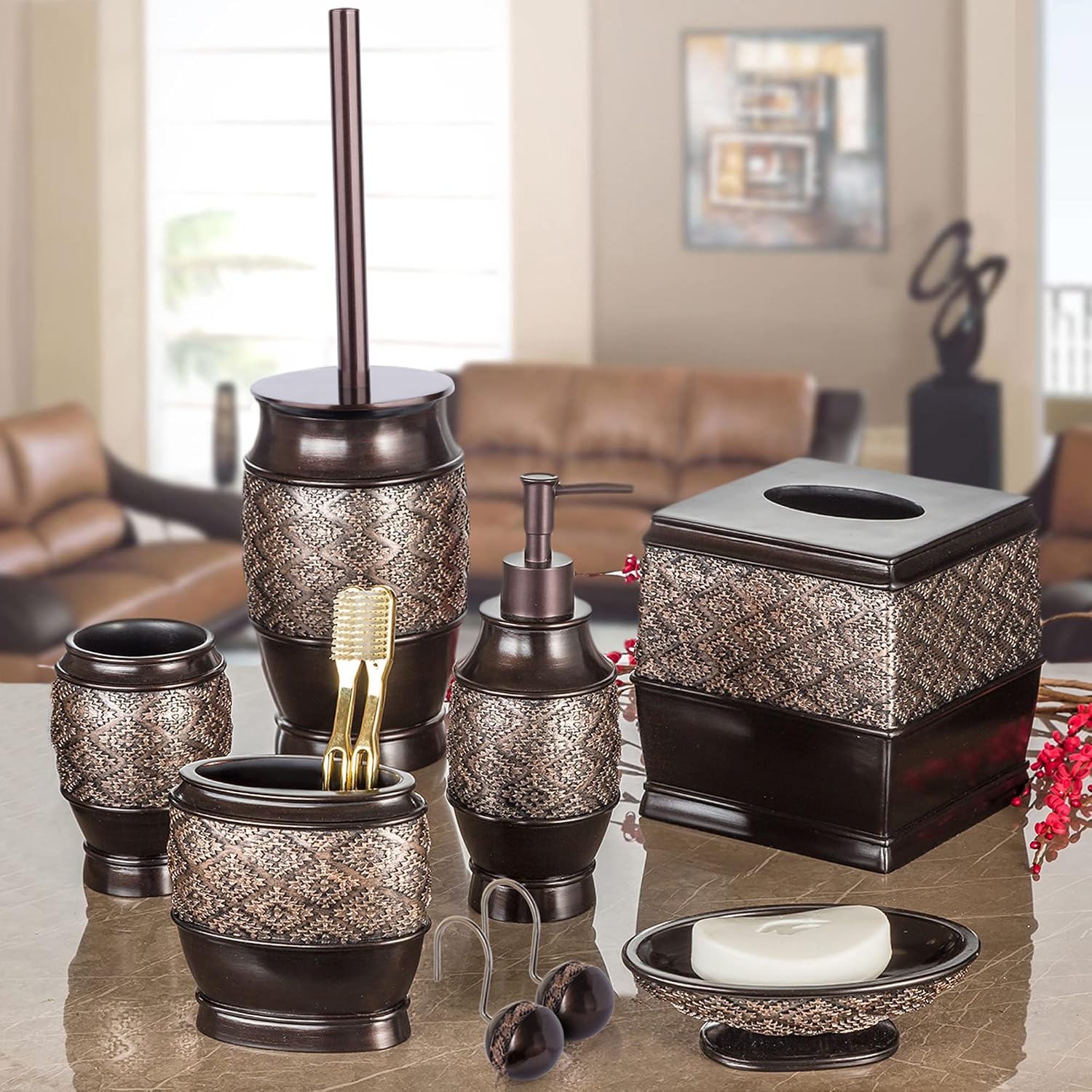 Creative Scents Dublin Brown Bathroom Accessories Set with Trash Can – 7-Piece Decorative Set: Wastebasket with Lid, Toilet Brush, Soap Dispenser, Tissue Cover, Soap Dish, Tumbler & Toothbrush Holder