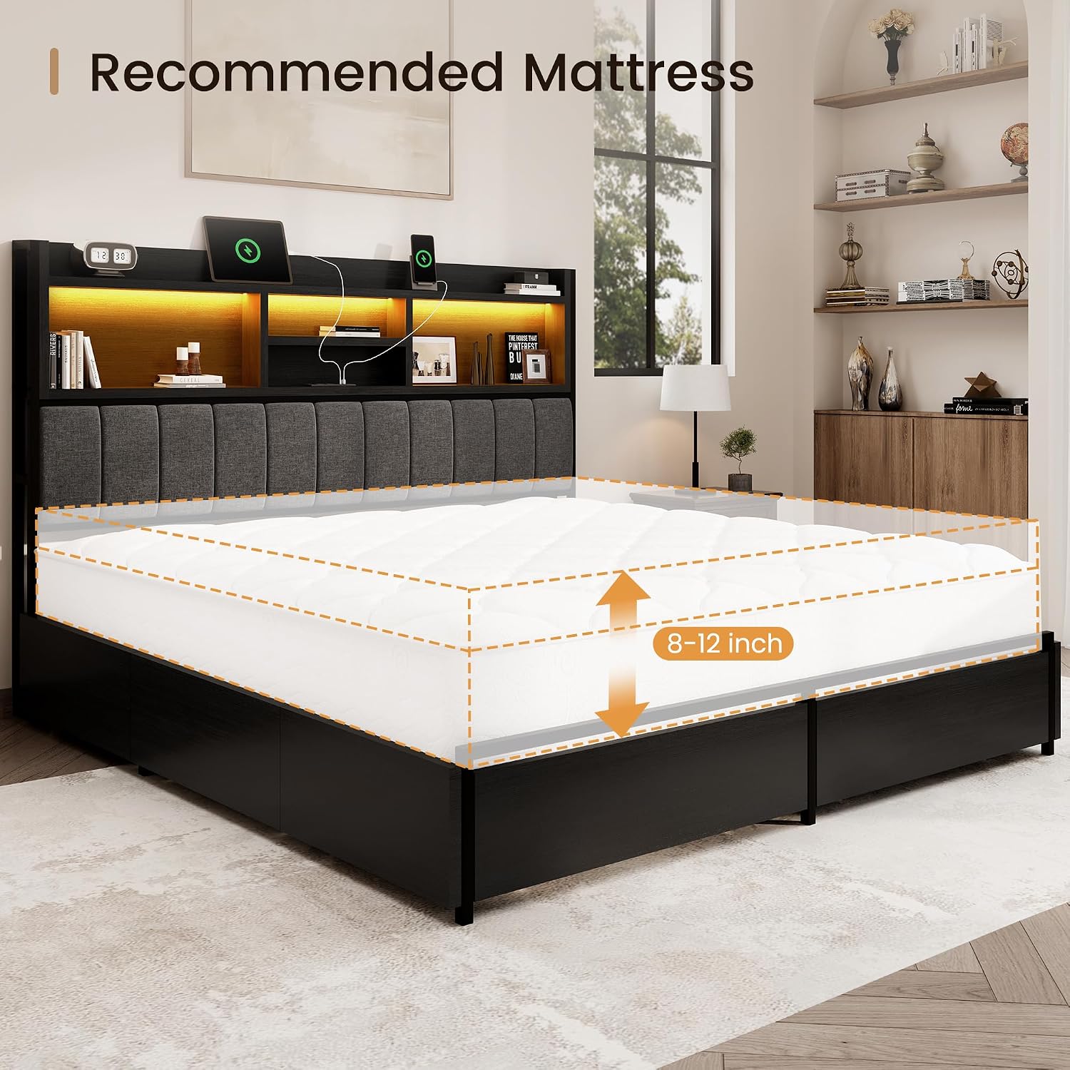 BRELTAM King Bed Frame with 6 Storage Drawers, Linen Upholstered Headboard, Built-in USB Charging Station & LED Lighting, Silent Metal Support, No Box Spring Needed, Vintage Black