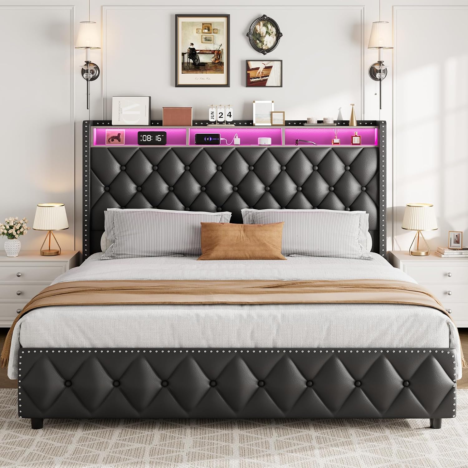 GarveeHome Queen Bed Frame with 50.8 in Tall Headboard, Platform Leather Upholstered Bed Frame with 4 Storage Drawers, USB Charging Station, Led Lights, No Box Spring Needed, Easy Assembly, Black