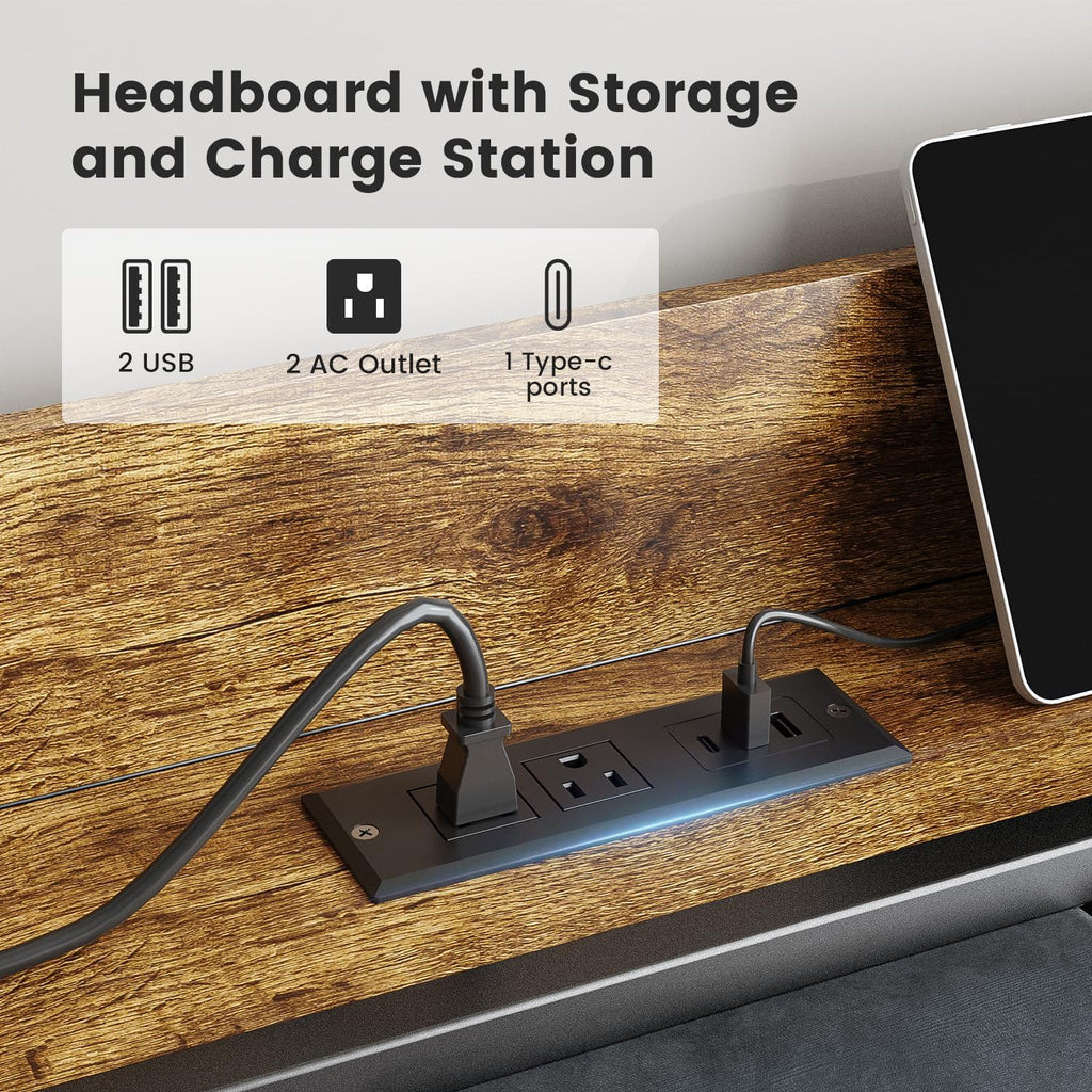 King Size Bed Frame with USB Charging Station, Storage Headboard with Smart LED Lights, Metal Platform Bed Noise Free, No Box Spring Needed, Easy Assembly
