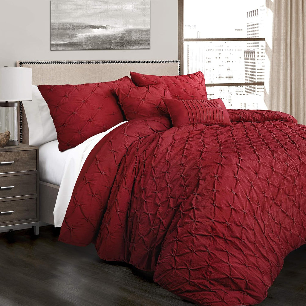 Lush Decor Ravello Pintuck Comforter Set - Luxe 5 Piece Textured Bedding Set - Traditional Glam & Farmhouse Inspired Bedroom Decor - King, Red