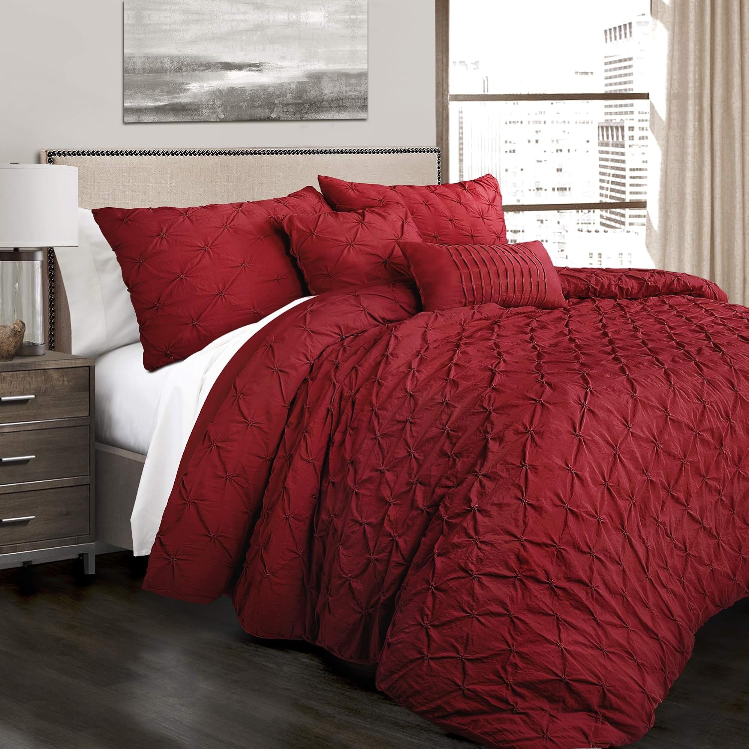 Lush Decor Ravello Pintuck Comforter Set - Luxe 5 Piece Textured Bedding Set - Traditional Glam & Farmhouse Inspired Bedroom Decor - King, Red