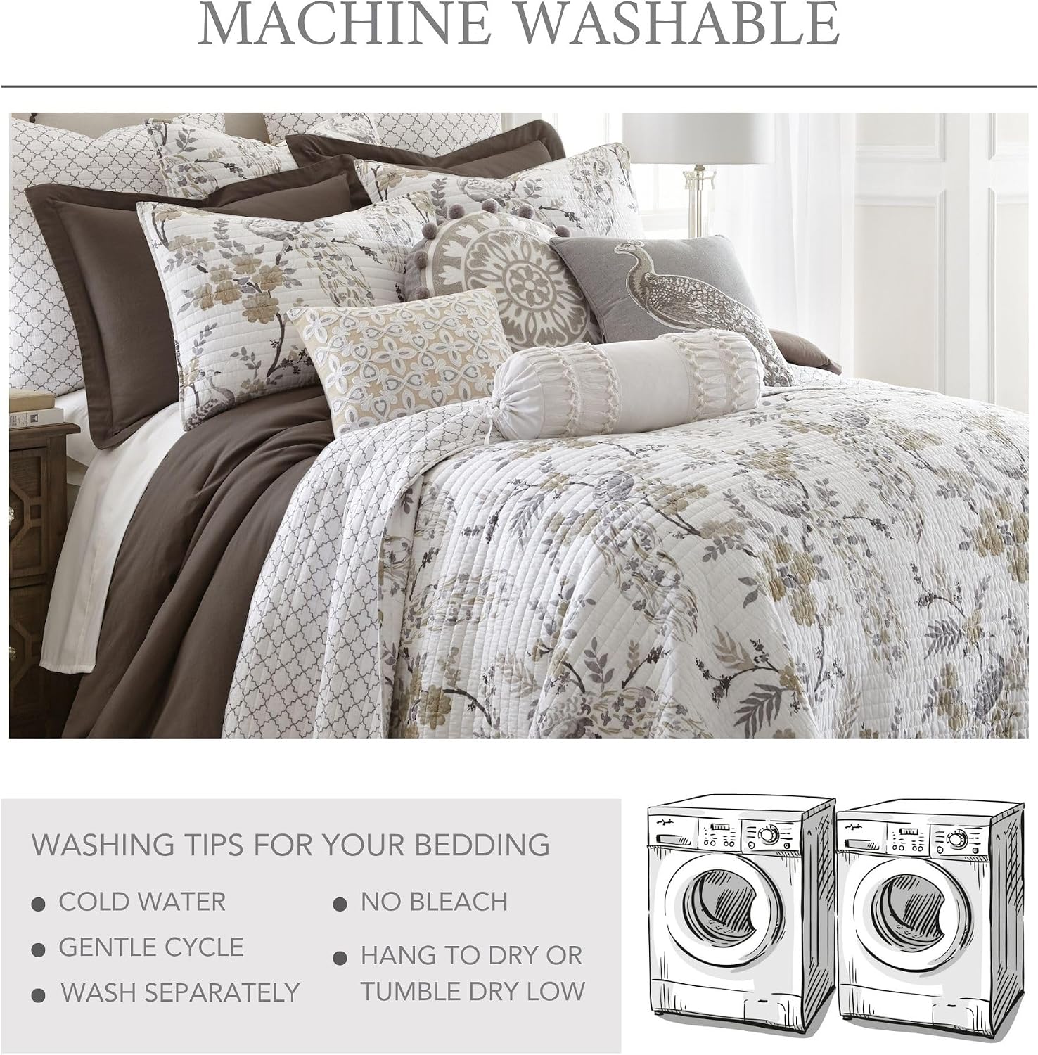 Levtex Home Pisa Reversible King Bedspread Set (120x106in) with 2 Pillow Shams (36x20in) - Floral Peacock - Grey, Taupe - Cotton King Size Bedspread Set - Soft, Pre-Washed