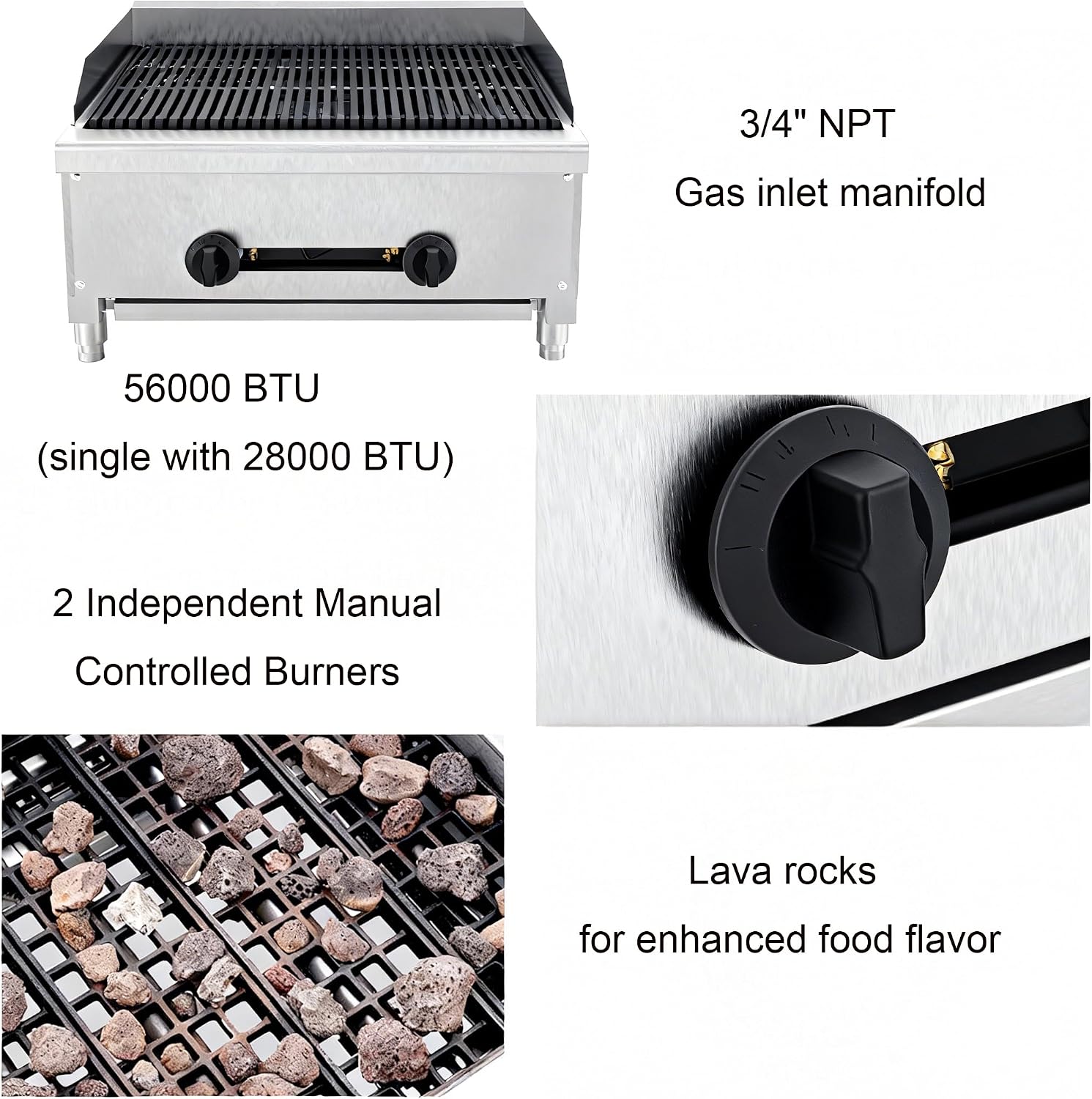 24 Inch Commercial Gas Lava Rock Charbroiler, 2 Burner Stainless Steel Countertop Grill with Durable Cast Iron Grates, BBQ Broiler for Restaurants, Natural Gas/Propane, 56000 BTU