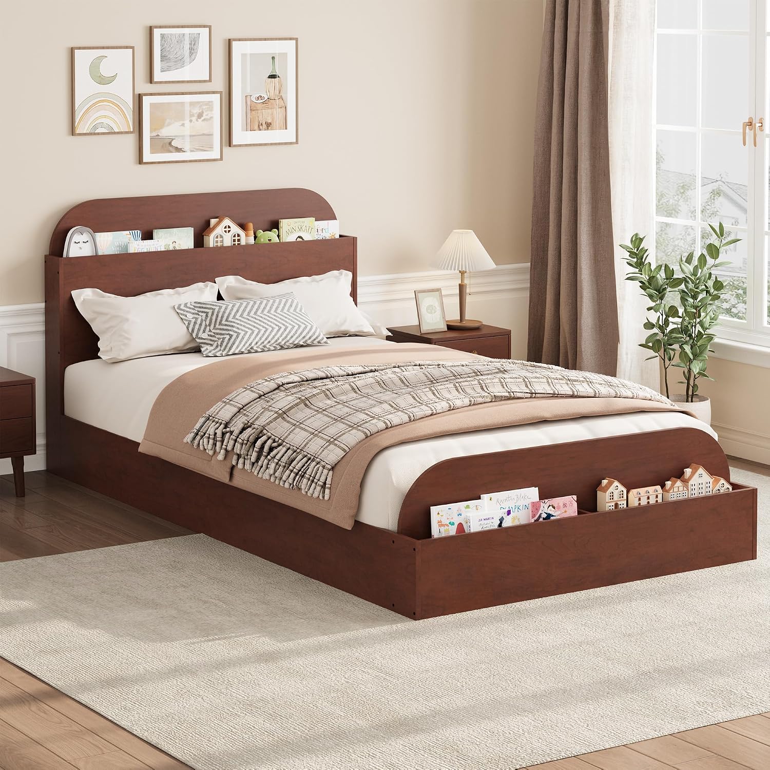 GarveeHome Twin Size Bed Frame, Wooden Beds with Storage Headboard and Raised-Foodboard for Kid, Twin-Floor Low Platform Bed for Bedroom, Sturdy Wooden Slats Support, No Box Spring Needed, Espresso