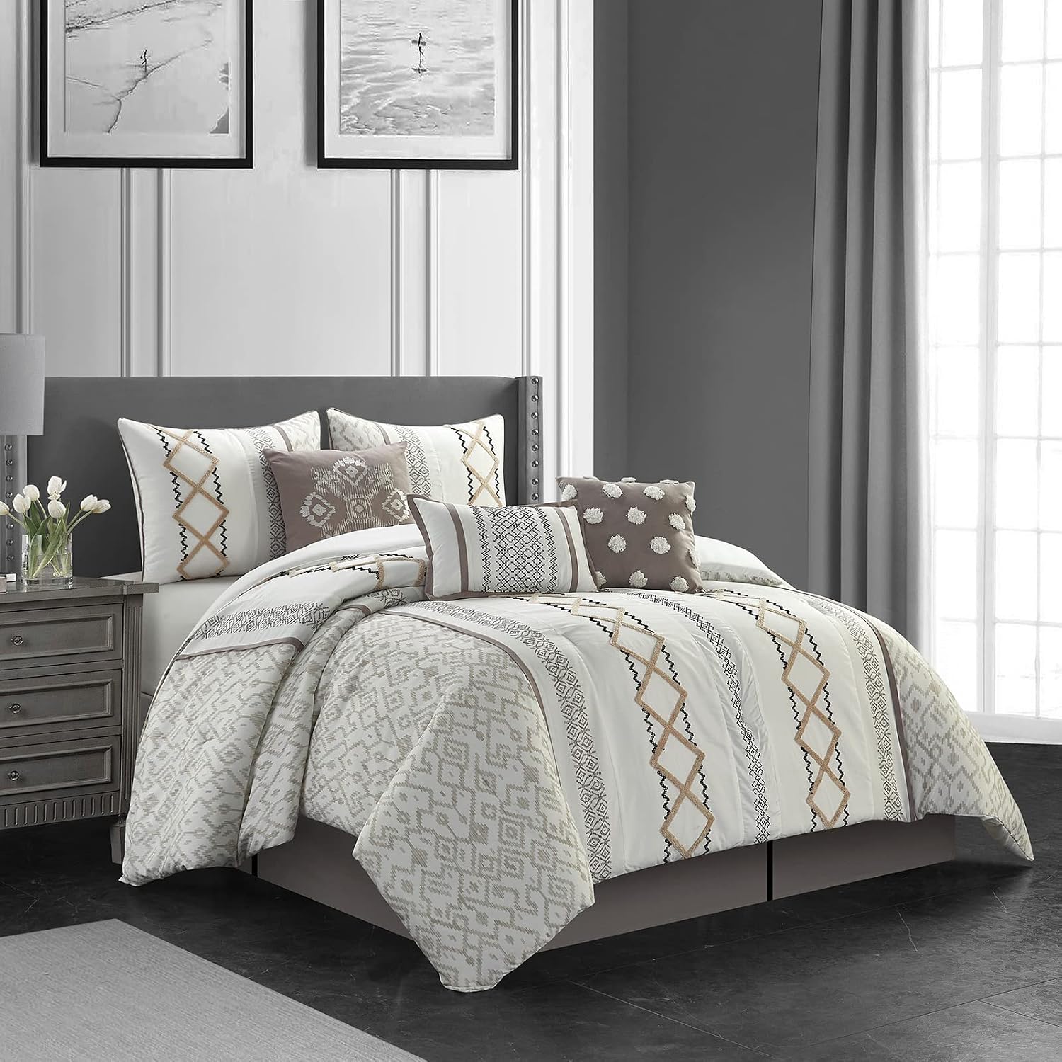Grand Avenue Luxury 7 Piece Cozy Boho Comforter Set California King Beige Embroidered Girls Bedding Premium Microfiber All Season Home Décor