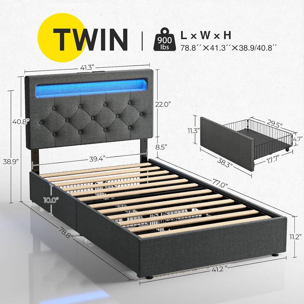 Rolanstar Twin Bed Frame with 4 Storage Drawers and Charging Station,Twin Bed with Led Lights, 2 USB & 1 Type C, Adjustable Headboard 38.9/40.8 Inches, No Box Spring Needed, Grey