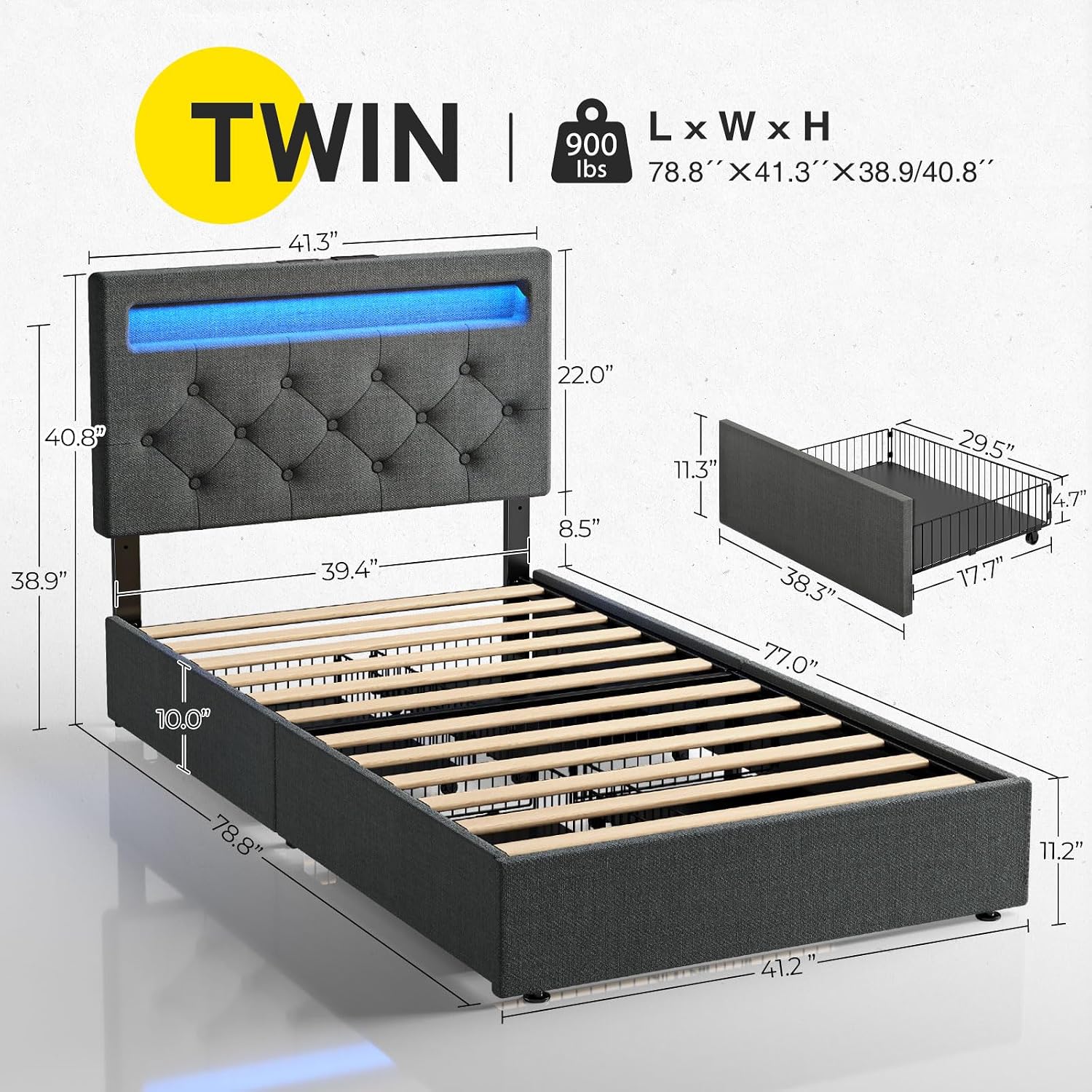 Rolanstar Twin Bed Frame with 4 Storage Drawers and Charging Station,Twin Bed with Led Lights, 2 USB & 1 Type C, Adjustable Headboard 38.9/40.8 Inches, No Box Spring Needed, Grey