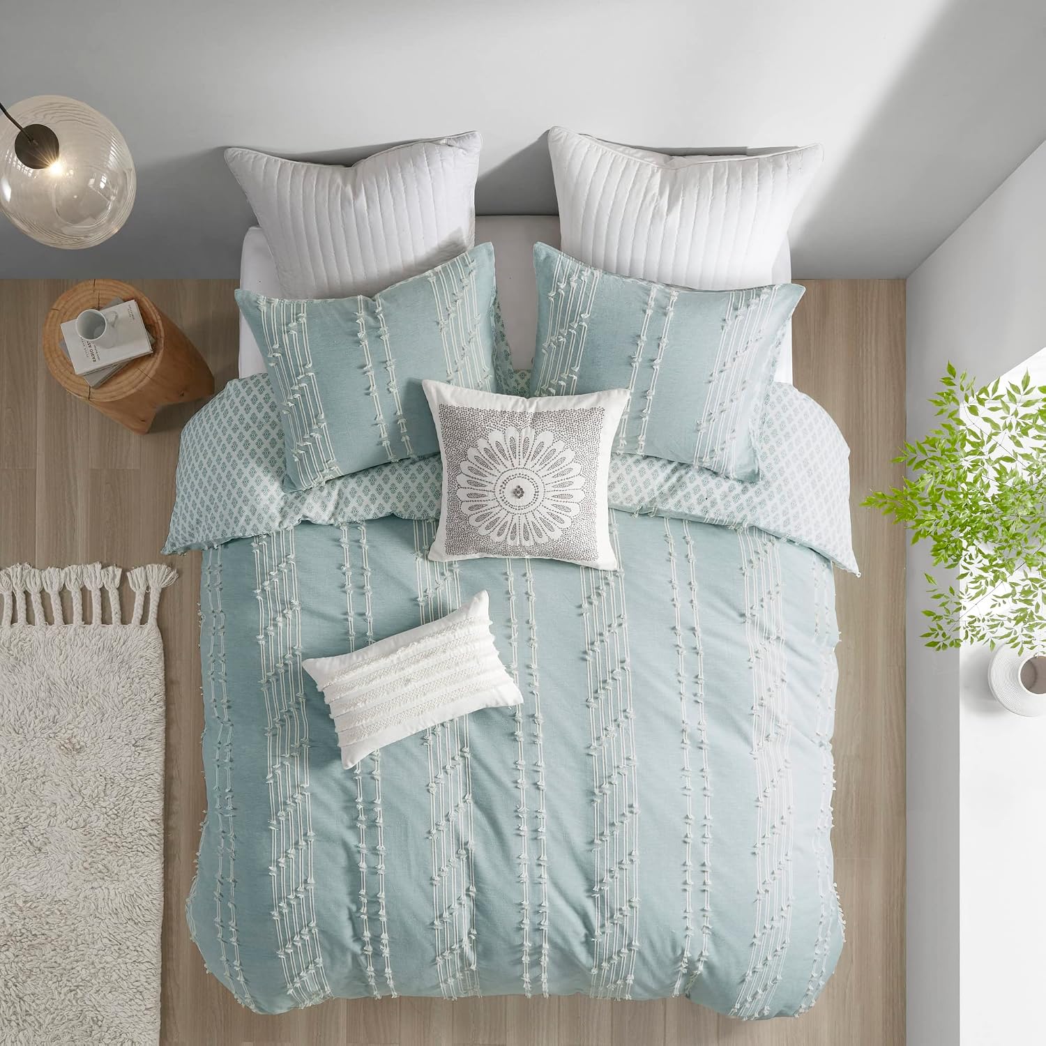INK+IVY Kara 100% Cotton Duvet Mid Century Modern Design, All Season Comforter Cover Bedding Set, Matching Shams, King/Cal King, Jacquard Stripes Aqua 3 Piece