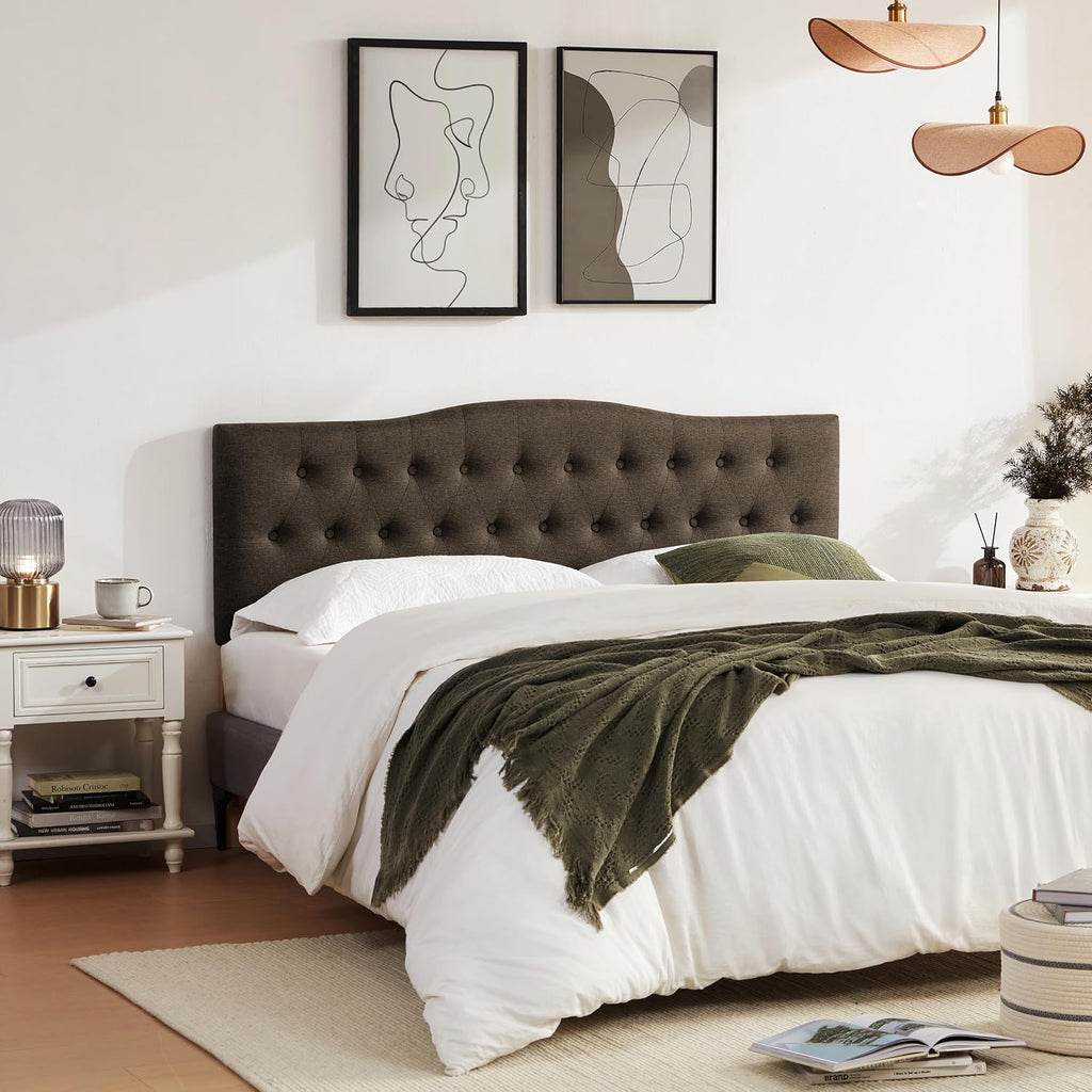 Huatean Home Tufted Upholstered Headboard King Size, Sturdy and Durable Solid Wood Bed headboard, Fabric Headboard Adjustable Height from 37' to 51', Modern Button Diamond Design Head Board, Chocolate