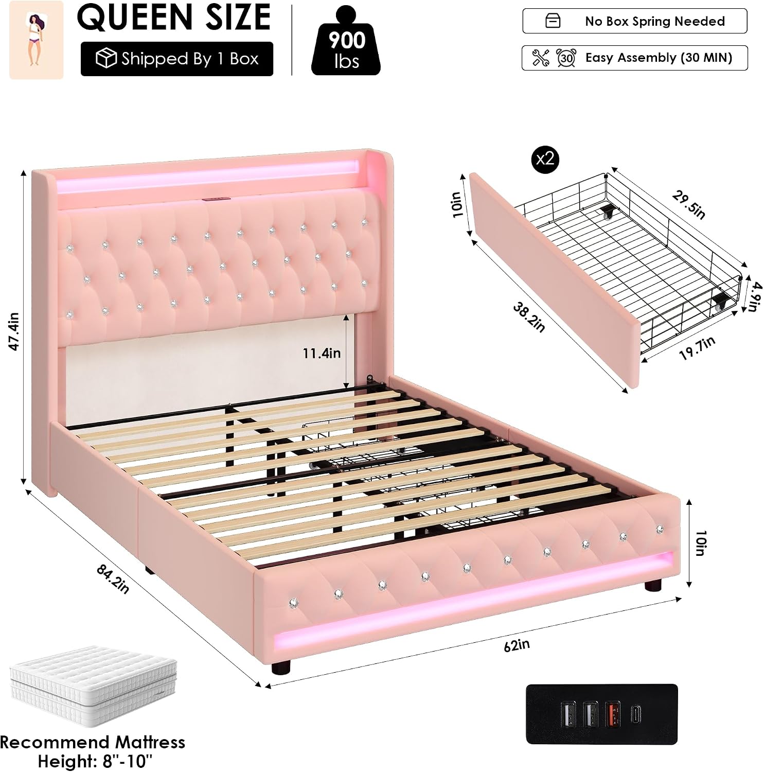 HIFIT Upholstered Queen LED Bed Frame with Charging Station and 2 Storage Drawers, Velvet Crystal Button-Tufted Wingback Headboard, Princess Platform Bed Frames for Girls, No Box Spring Needed, Pink